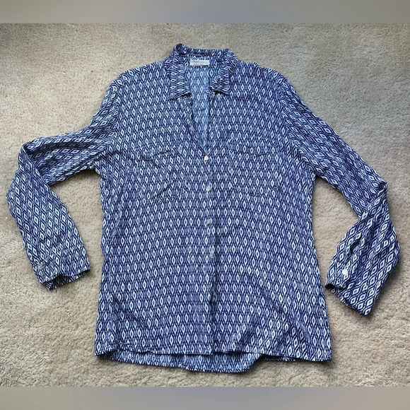 Just Living Women's White & Navy Button Up Shirt - L - VGUC - Rayon Linen Blend - Picture 3 of 8